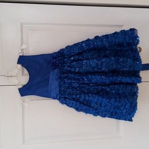 Blue satin dress with flowered detailed sequin bottom and bow detail